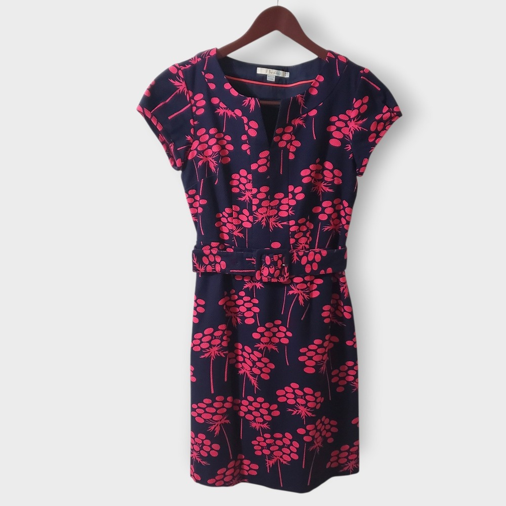 Boden Notch‎ Neck Floral Belted Sheath Dress Blue Pink Textured Size US 6P